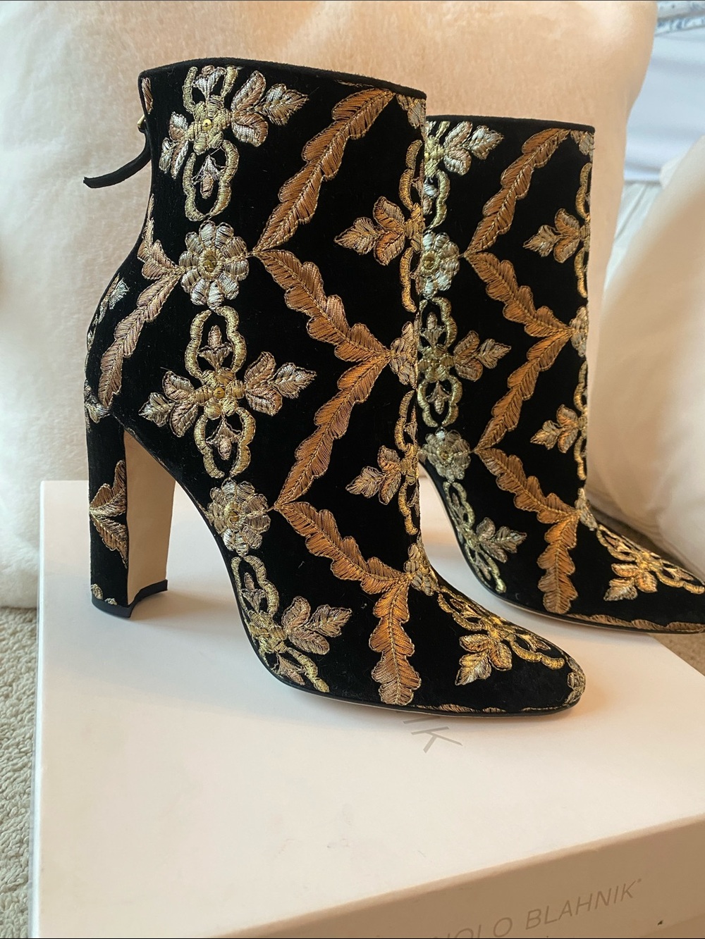Manolo Blahnik Black Velvet Ankle Boots with Gold Embroidered Baroque Motif